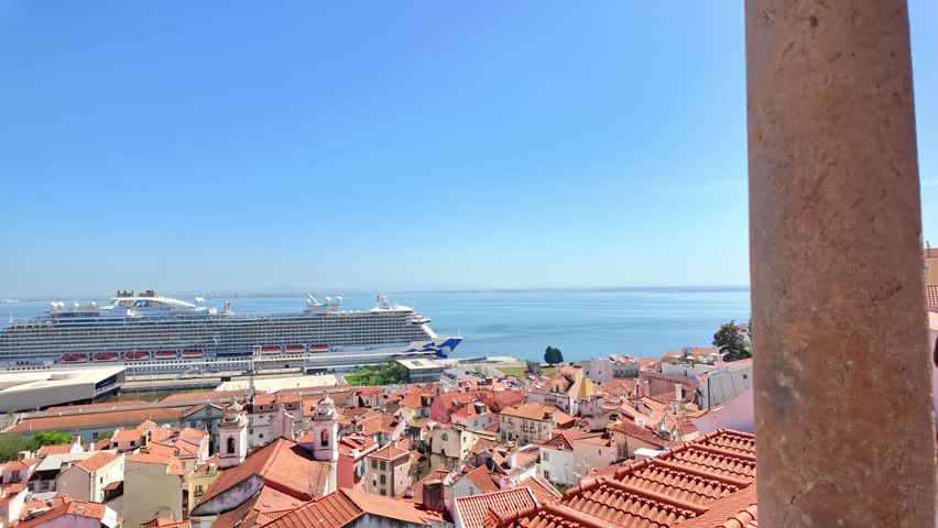 Lisbon showing rooftops and a cruise ship docked in the harbor, clear sunny day, aerial view