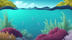 underwater world video. Animated fish swim between seaweed and coral, sea bubbles rise up and burst