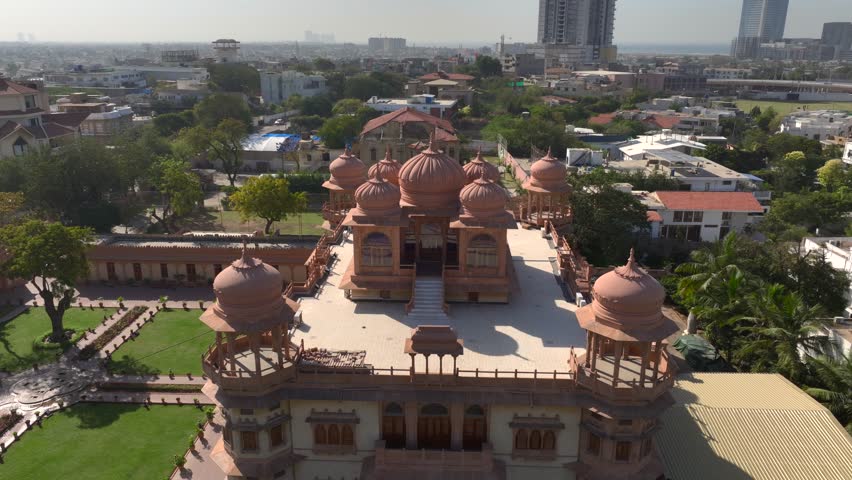 The Mohatta Palace is a museum located in Karachi, Sindh, Pakistan. Aerial Drone Shot at sunny Day, Karachi from Above
