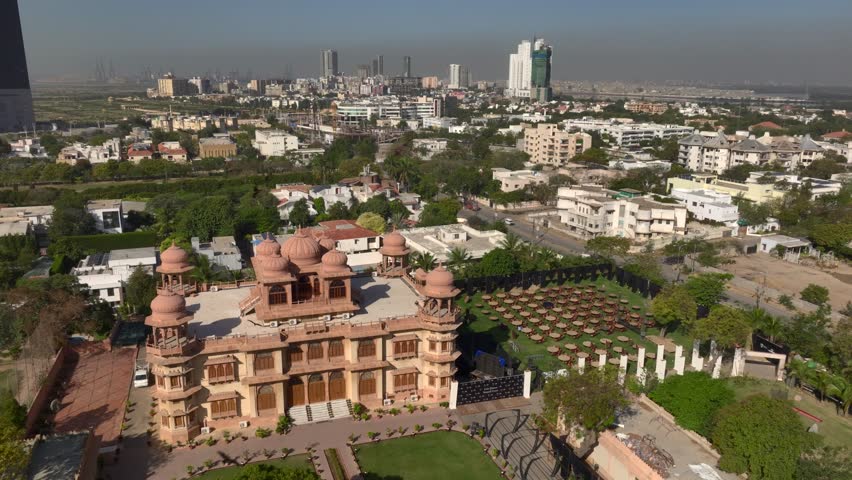 The Mohatta Palace is a museum located in Karachi, Sindh, Pakistan. Aerial Drone Shot at sunny Day, Karachi from Above