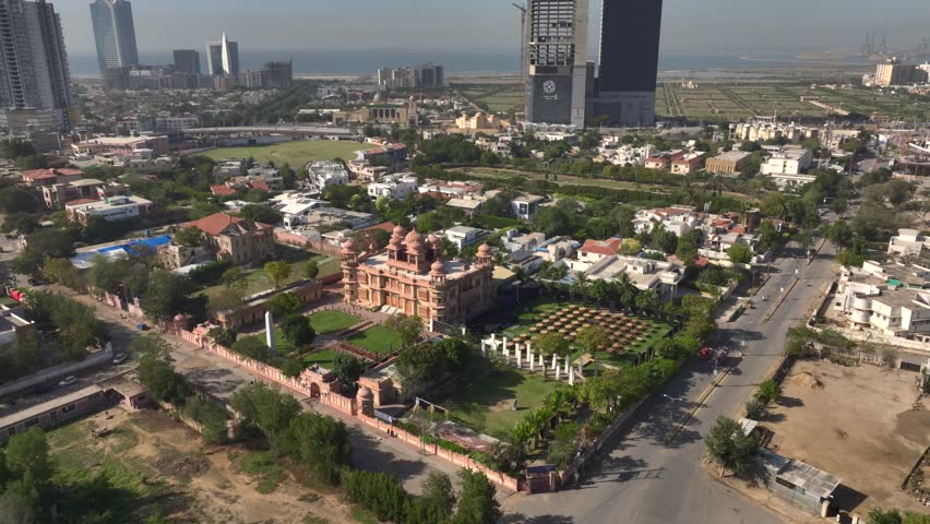 The Mohatta Palace is a museum located in Karachi, Sindh, Pakistan. Aerial Drone Shot at sunny Day, Karachi from Above