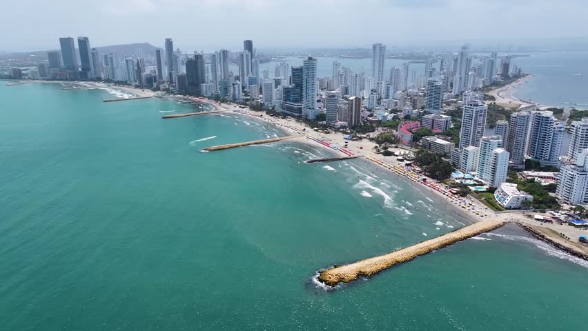 Cartagena Skyline At Cartagena De Indias In Bolivar Colombia. Caribbean Seascape. Downtown City. Cartagena De Indias At Bolivar Colombia. Highrise Buildings Landscape. Cityscape Landmark.