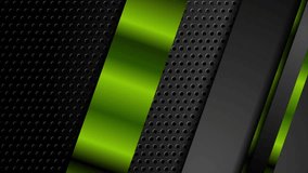 Green and black glossy moving stripes on dark perforated background. Seamless looping geometric motion design. Video animation Ultra HD 4K 3840x2160