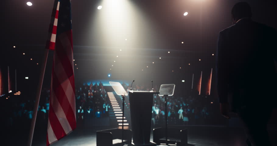 Politician Delivering a Speech at a Campaign Rally. Political Party Member Giving a Passionate Presentation to Excited Voters, Promising Wealth and Prosperity to United States of America
