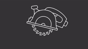Animated circular saw white icon. Spinning blade of power saw line animation. Cutting tool. Woodworking equipment. Isolated illustration on dark background. Transition alpha video. Motion graphic