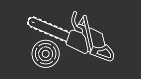 Animated chainsaw white icon. Cutting tree line animation. Forestry and construction equipment. Electric chain saw. Isolated illustration on dark background. Transition alpha video. Motion graphic