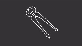 Animated pincers white icon. End cutting pliers line animation. Cutting tool. Carpenter professional equipment. Isolated illustration on dark background. Transition alpha video. Motion graphic