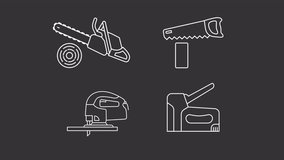 Animated carpentry tools white icons. Saws and construction stapler line animation library. Cutting tools. Woodworking. Isolated illustrations on dark background. Transition alpha. HD video. Icon pack