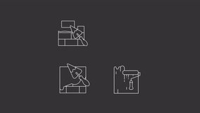 Masonry work white line animations. Animated tools white icons. Brick wall. Plastering and painting wall. Isolated illustrations on dark background. Transition alpha. HD video. Icon pack