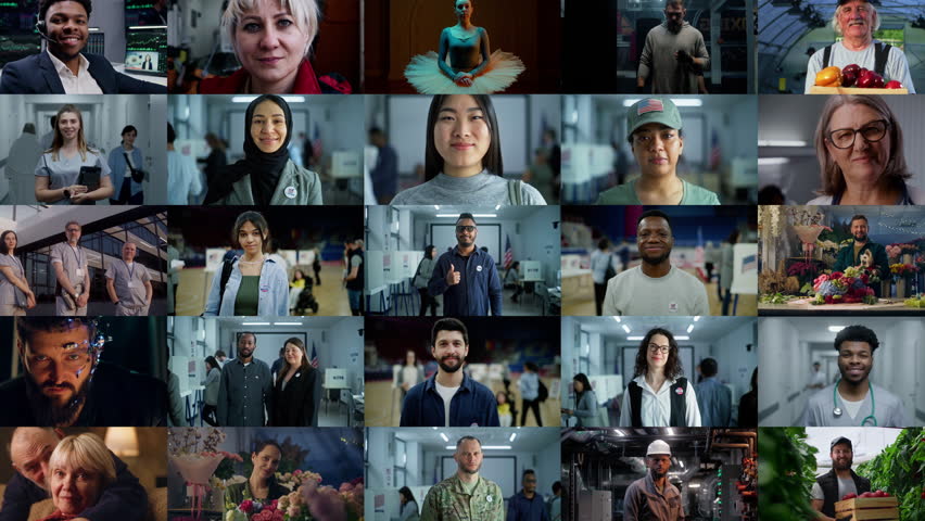 Zoom out of African American man becomes part of multiethnic American people group with diverse gender, ethnicity, occupation. Social video for USA Presidential Election. Edited collage of portraits.