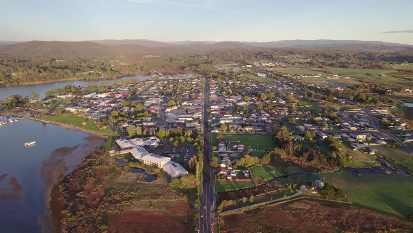 Establishing high aerial small coastal town Saint Helens, Tasmania