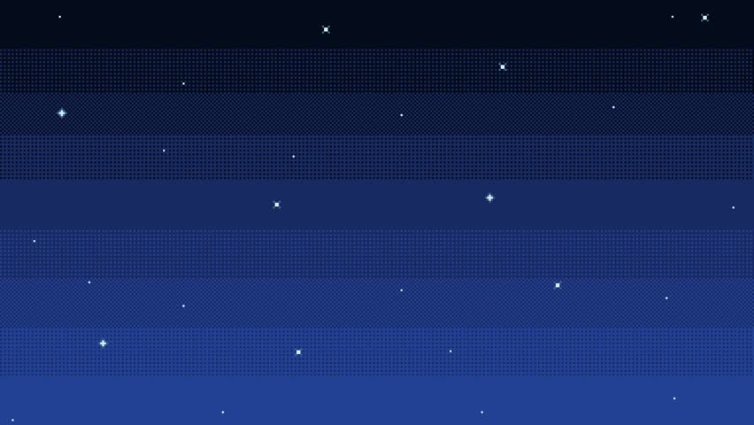 Pixel art night starry sky background. Animated retro video game evening backdrop with shiny stars. Looping animation.