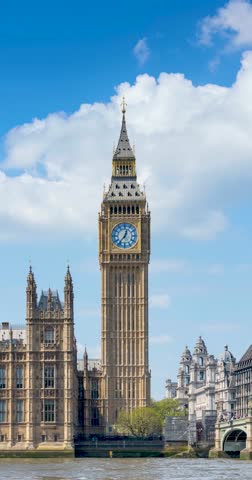 Time lapse view of the Big Ben clocktower in London, England, during a sunny summer day with light clouds