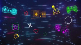 Animation of neon gaming icons and flash sale text over light trails on black background. Metaverse, pattern and gaming concept digitally generated video. - Powered by Shutterstock - Get 15% off with code: PIKWIZARD15