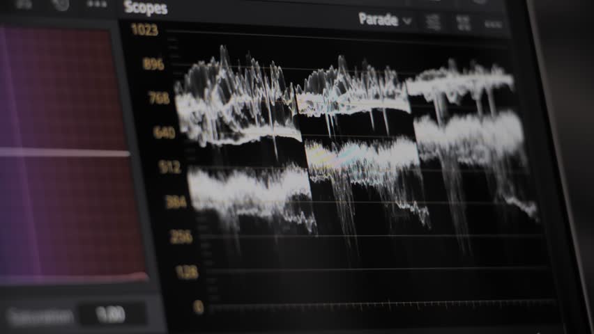 Black and white parade color correction, color grading on monitor.