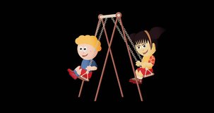 Two diverse kids on a swing, collage cartoon style animated loop, (Asian girl-European boy lineup)