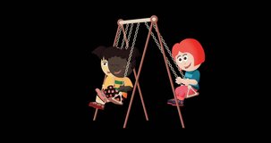 Three diverse girls on a swing, collage cartoon style animated loop, (European-African-Asian lineup)