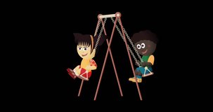 Two diverse kids on a swing, collage cartoon style animated loop, (African boy-Asian girl lineup)