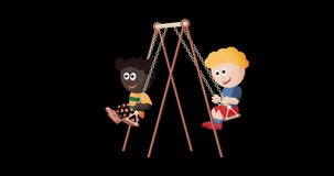 Two diverse kids on a swing, collage cartoon style animated loop, (European boy-African girl lineup)