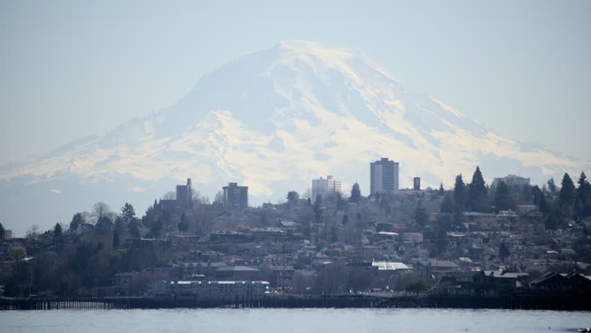 Mt Rainier Hazy Blue Sky Background from Port of Tacoma