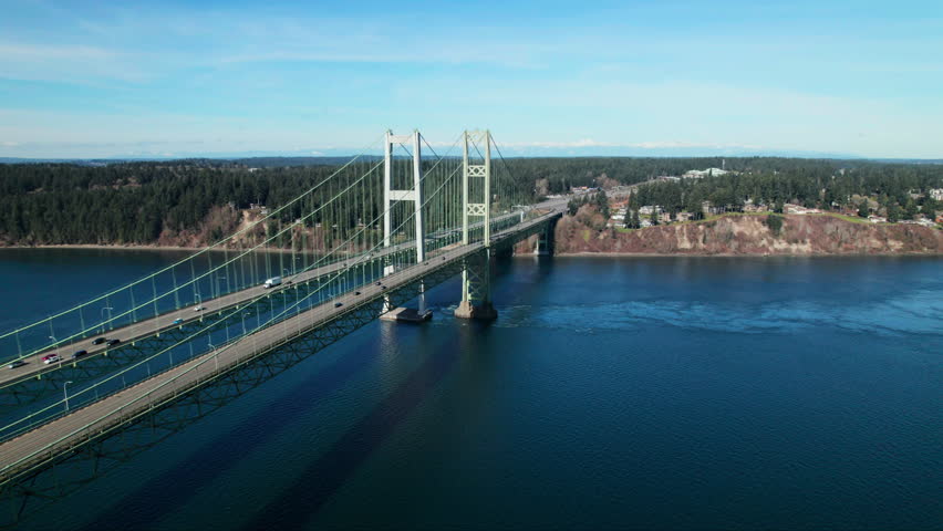 Aerial Shot Crossing Tacoma Narrows Bridge Over Puget Sound