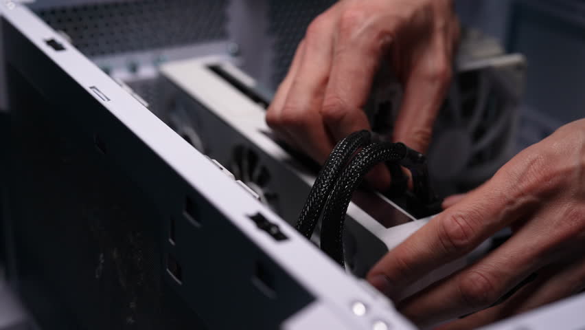 Closeup hands of unrecognizable man disconnecting cables from modern graphic video card inside of computer system case. Concept of desktop PC maintenance and service. Shooting in slow motion.