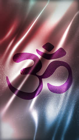 Purple OM symbol on glossy glitter white background, front view, vertical full frame, elegant silky texture, waving in the wind, movie-like look, realistic 4K CG animation, sleek, seamless loop-able.