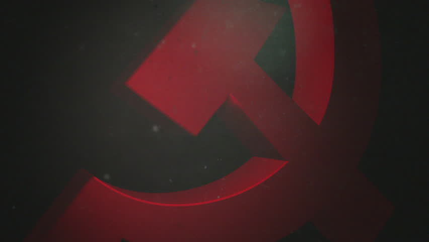 3D red hammer and sickle, zooming out through a thick, dirty atmosphere, smooth 3D rotation, dramatic flickering light, realistic look and feel, slow-motion CG animation 4K, communist symbol.