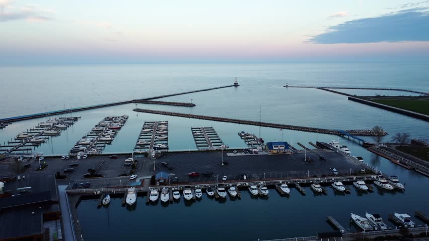 4K Aerial Drone Reveal Of Port Washington Marina And Harbor On The Western Shores Of Lake Michigan, Wisconsin.