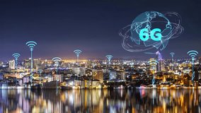 Smart City 6G wifi global and digital ring and city reflection lights on the water background - Powered by Shutterstock - Get 15% off with code: PIKWIZARD15