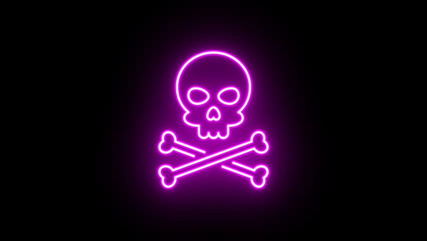 Neon jolly roger sign animation, rotation around vertical axis. Glowing neon 3D skull crossbones icon, looped spin. Pirate skull emoji, corsair cranium, danger, death warning, skeleton. Magenta, red Royalty-Free Stock Footage #3502162925