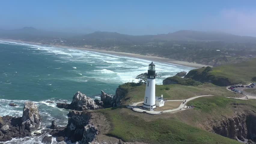 Yaquina Head Lighthouse Newport Oregon Coast. Drone orbit