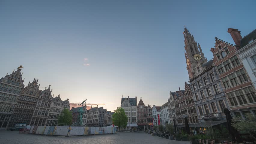 Antwerp Belgium time lapse city skyline sunrise at Grote Markt (Large Market) Square