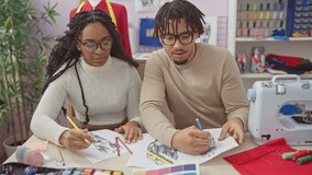 A woman and man, possibly fashion designers, collaborate in a colorful atelier, discussing over sketches with a sewing machine nearby. - Powered by Shutterstock - Get 15% off with code: PIKWIZARD15