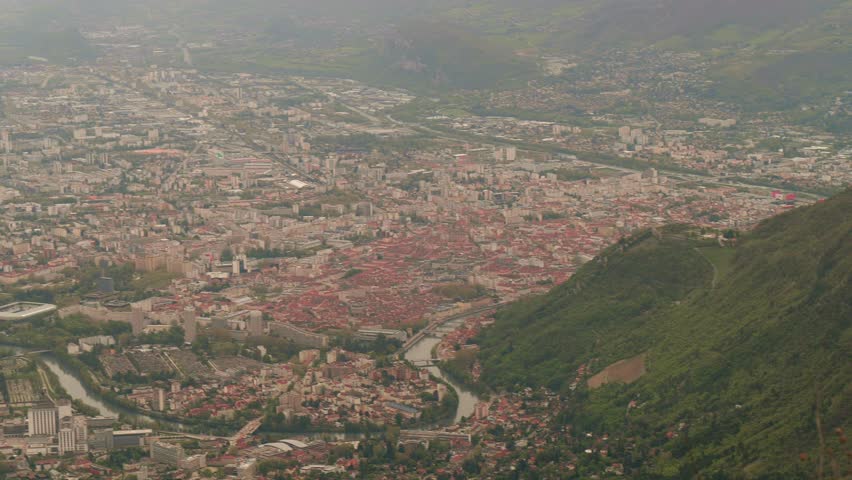 Historic centre of Grenoble below famous Fort de la Bastille, view from above. France