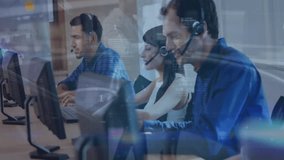 Animation of diagrams and data processing over diverse colleagues using phone headsets in office. Global business and digital interface concept digitally generated video. - Powered by Shutterstock - Get 15% off with code: PIKWIZARD15