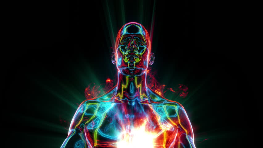 A human character meditating where we see the energetic fields of the body represented in pulsating lines and shimmering colour.