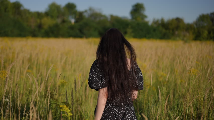 Rear view. A brunette girl with long hair in a black dress runs across a field on a sunny summer day. The girl spins and raises her hands up