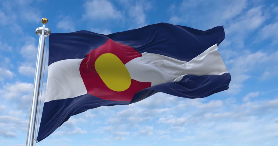 Colorado flag with flagpole waving in wind, rolling clouds background looping, 4K video (Perfect Loop)
