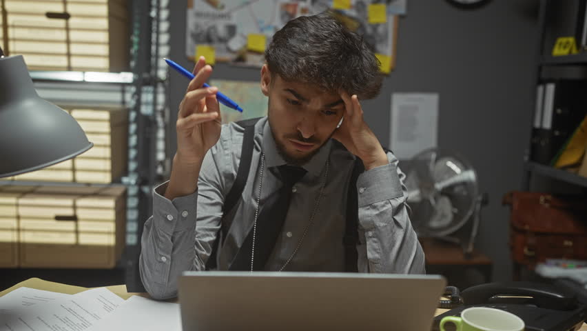 A young, stressed man contemplating at a messy desk in a detective