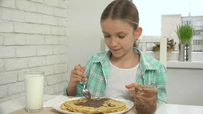 Child Preparing Pancakes at Breakfast, Girl Eating Chocolate in Kitchen 4K