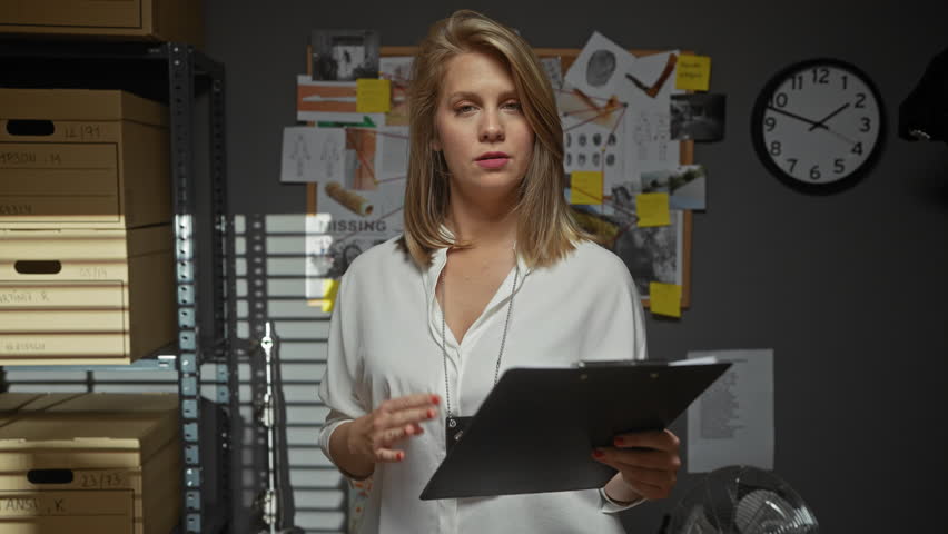 A woman detective analyzes evidence in a cluttered police station office space.