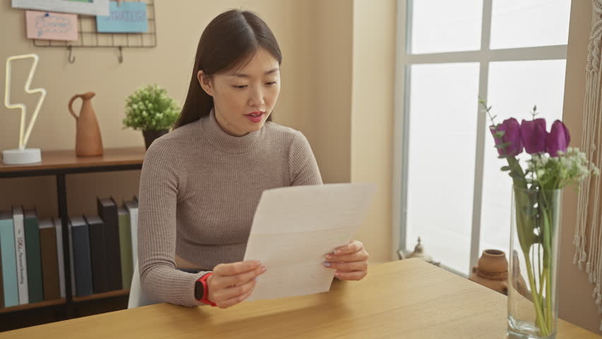A young asian woman excitedly reading a letter at home, expressing happiness in a cozy room.