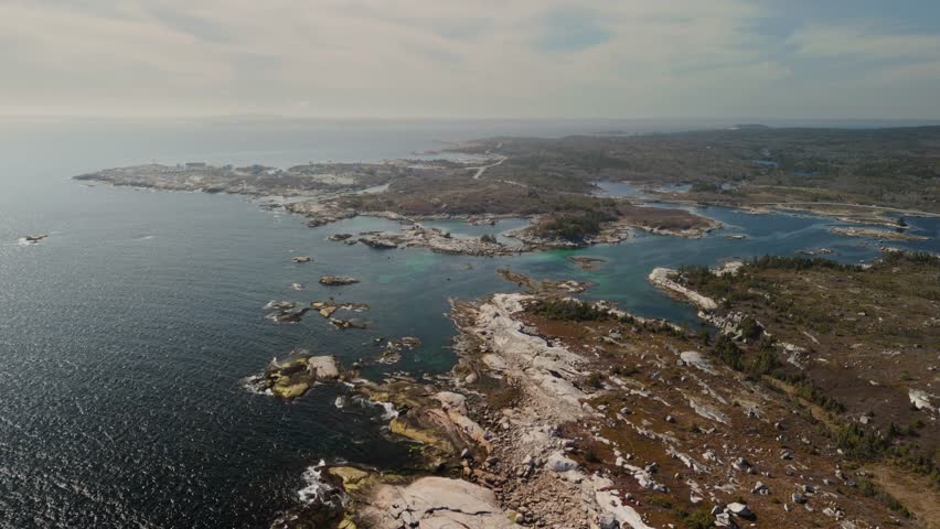 Aerial view of seascape and beautiful rocky coast with islands and rocks in Peggy