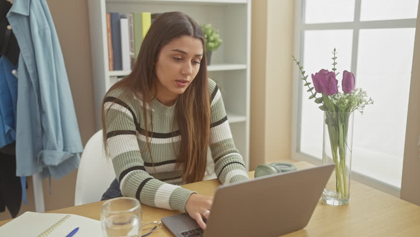 A tired young hispanic woman rests her head on a table next to a laptop in a cozy home setting. Royalty-Free Stock Footage #3502393771
