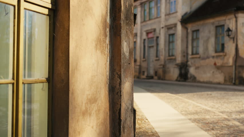 Facade with window, street, and tree in background