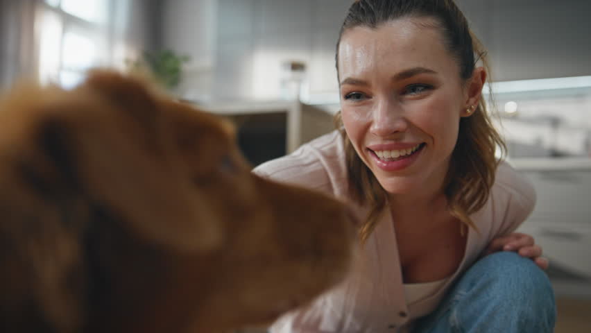 Happy woman adore dog caressing fluffy healthy wool at home close up. Lovely cute pet sitting apartment living room enjoying owner love. Smiling girl stroking adorable animal feeling affection.