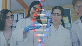 Animation of dna strand over diverse students doing experiments. Global science, education and digital interface concept digitally generated video.