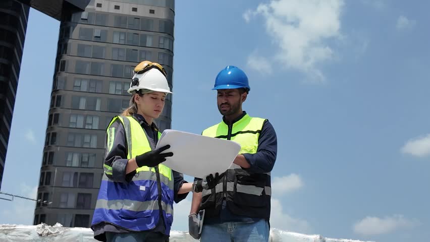 Female woman lady girl man male gentleman foreman staff labor employee person people human talk explain speak teamwork business meeting industry manager warehouse building real estate blue sky plan