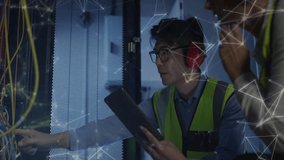 Animation of shapes moving over diverse workers using tablet in server room. Global technology and digital interface concept digitally generated video. - Powered by Shutterstock - Get 15% off with code: PIKWIZARD15